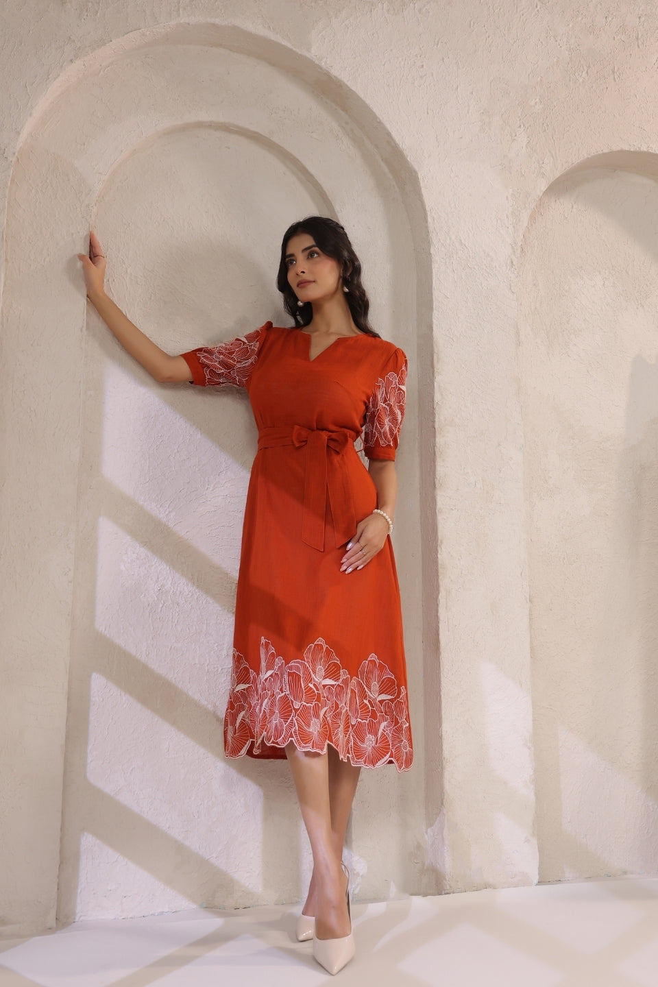 Embroidered Cotton Midi Dress in Rust Orange