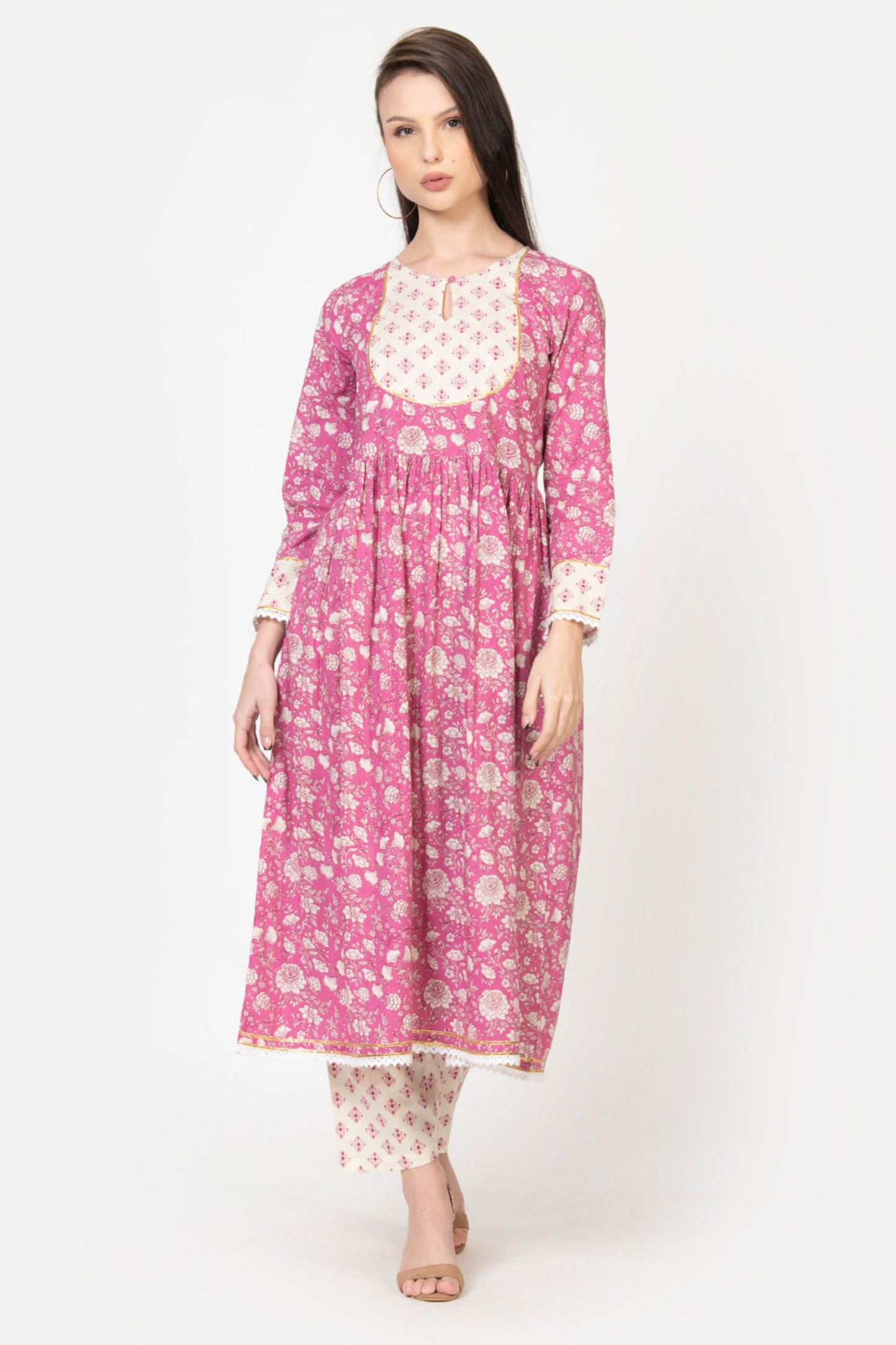 JAAL PRINT PINK & WHITE A-LINE KURTA PANT SET