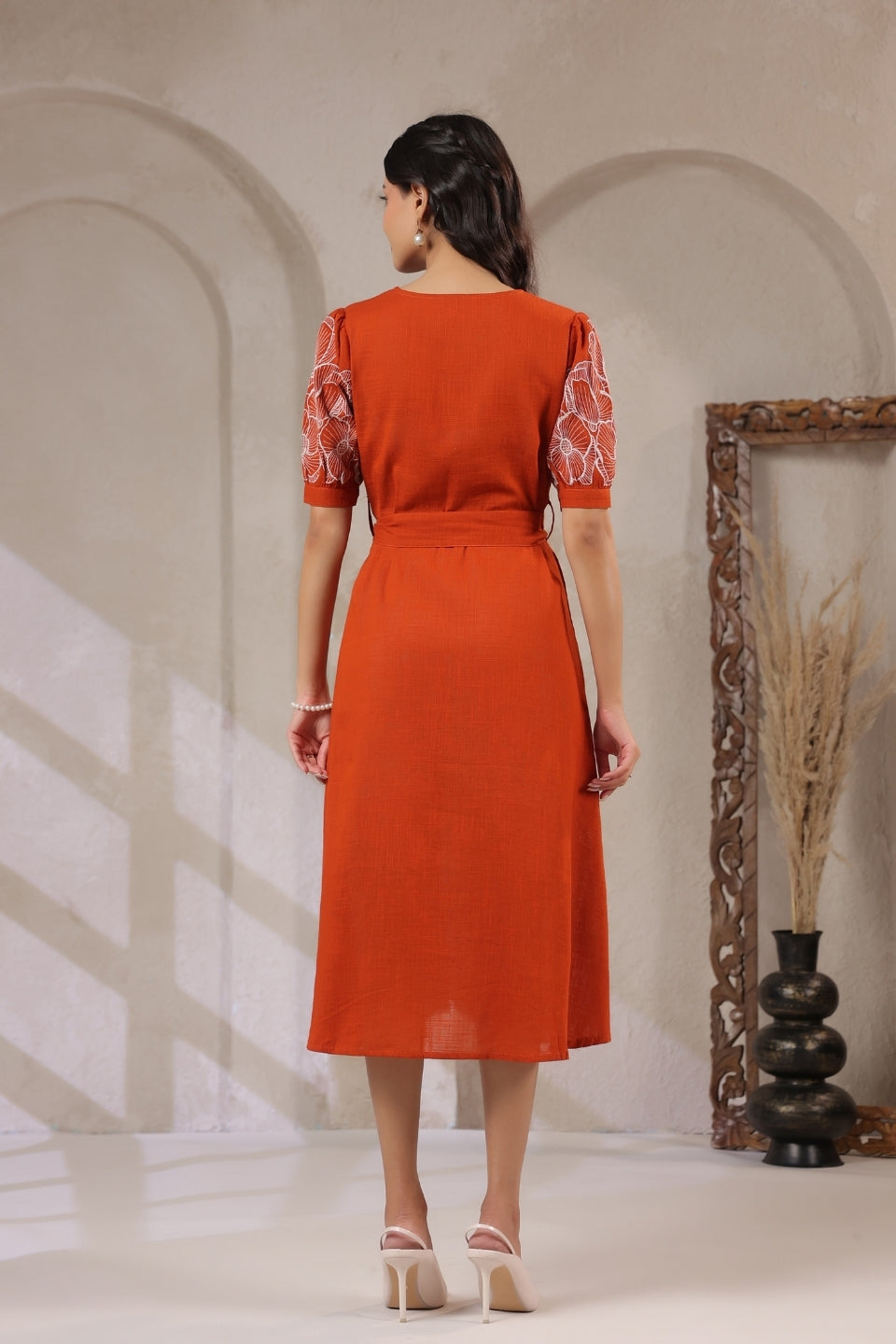 Embroidered Cotton Midi Dress in Rust Orange