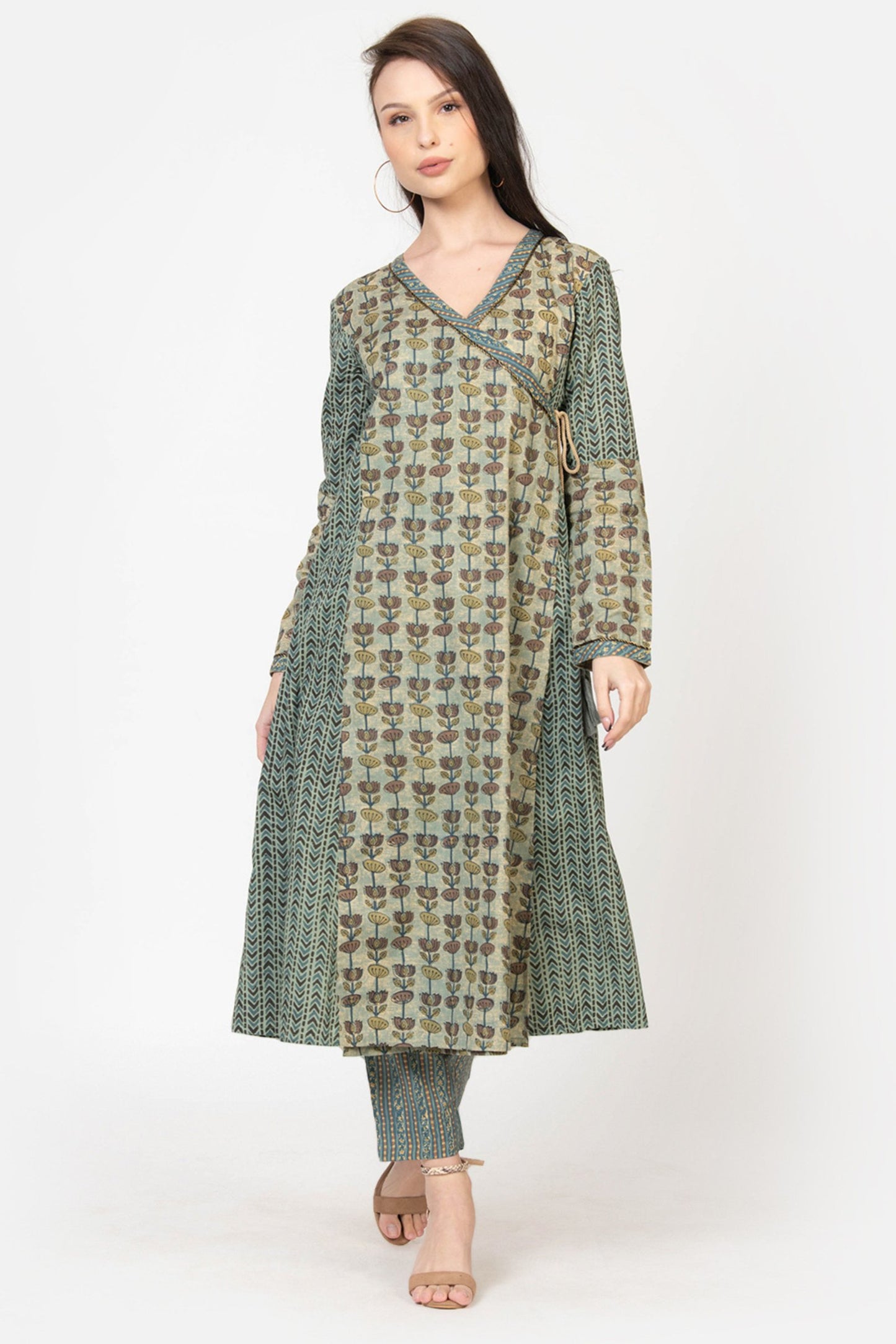 OLIVE GREEN ANGRAKHA KURTA WITH PANTS SET