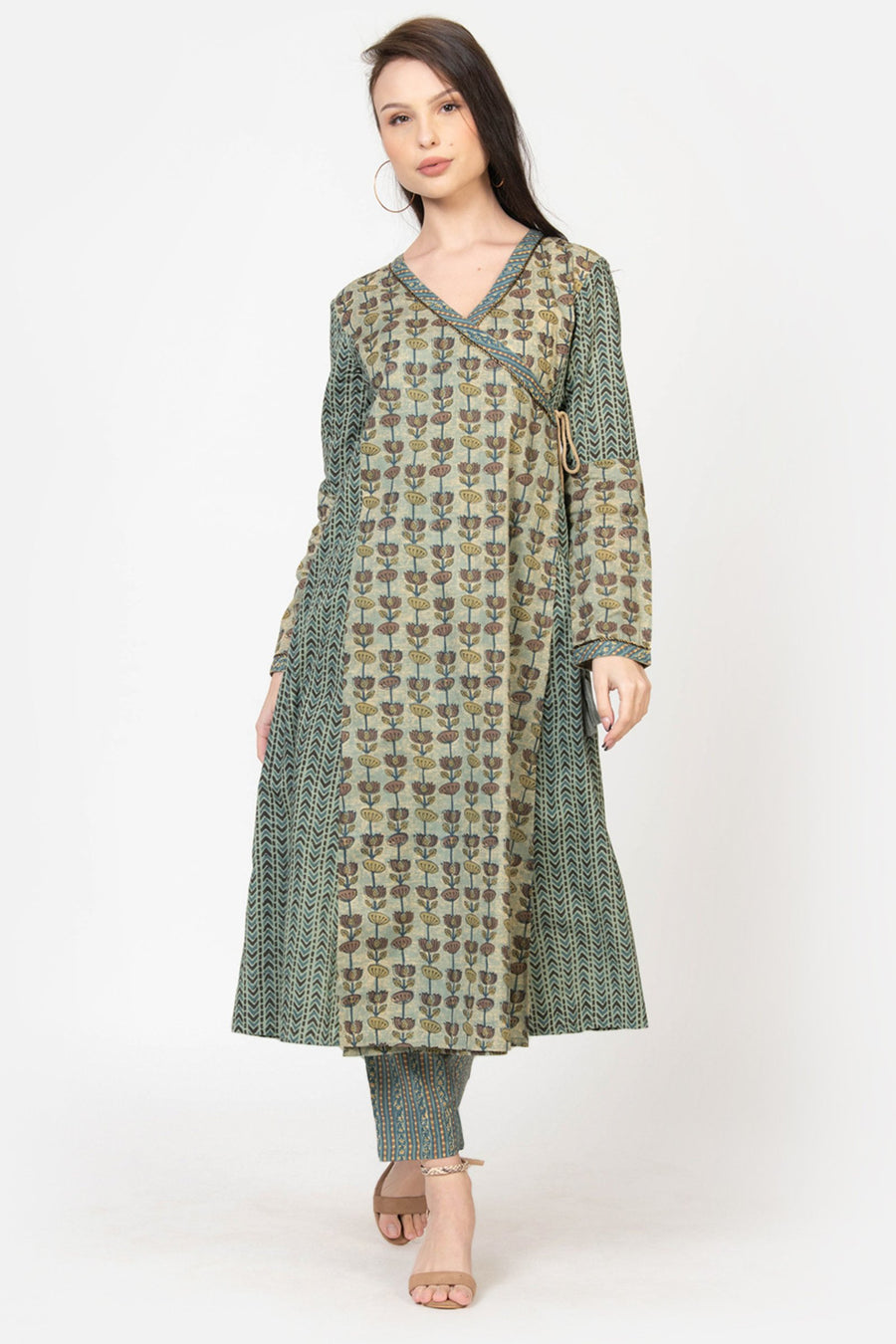 Floral print cotton kurta set with V-neck and side tie, paired with patterned pants for women