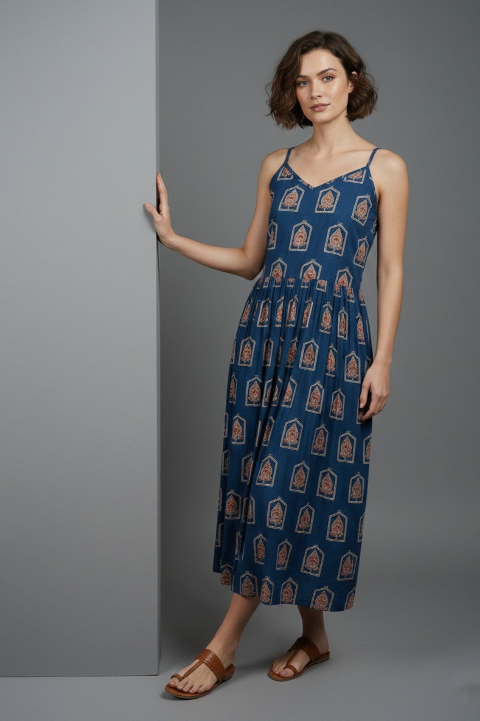 Indigo geometric Ajrakh midi dress full front view cotton V-neck strappy fit and flare style