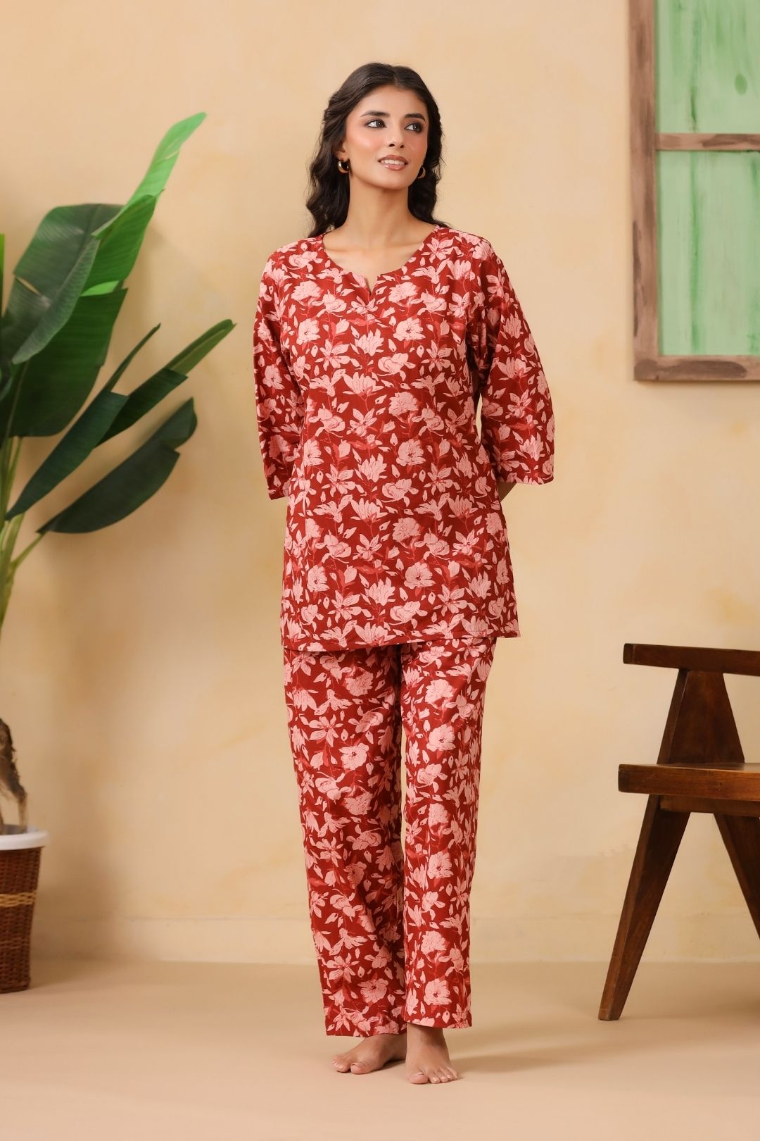Red Floral Motifs Night Wear Set