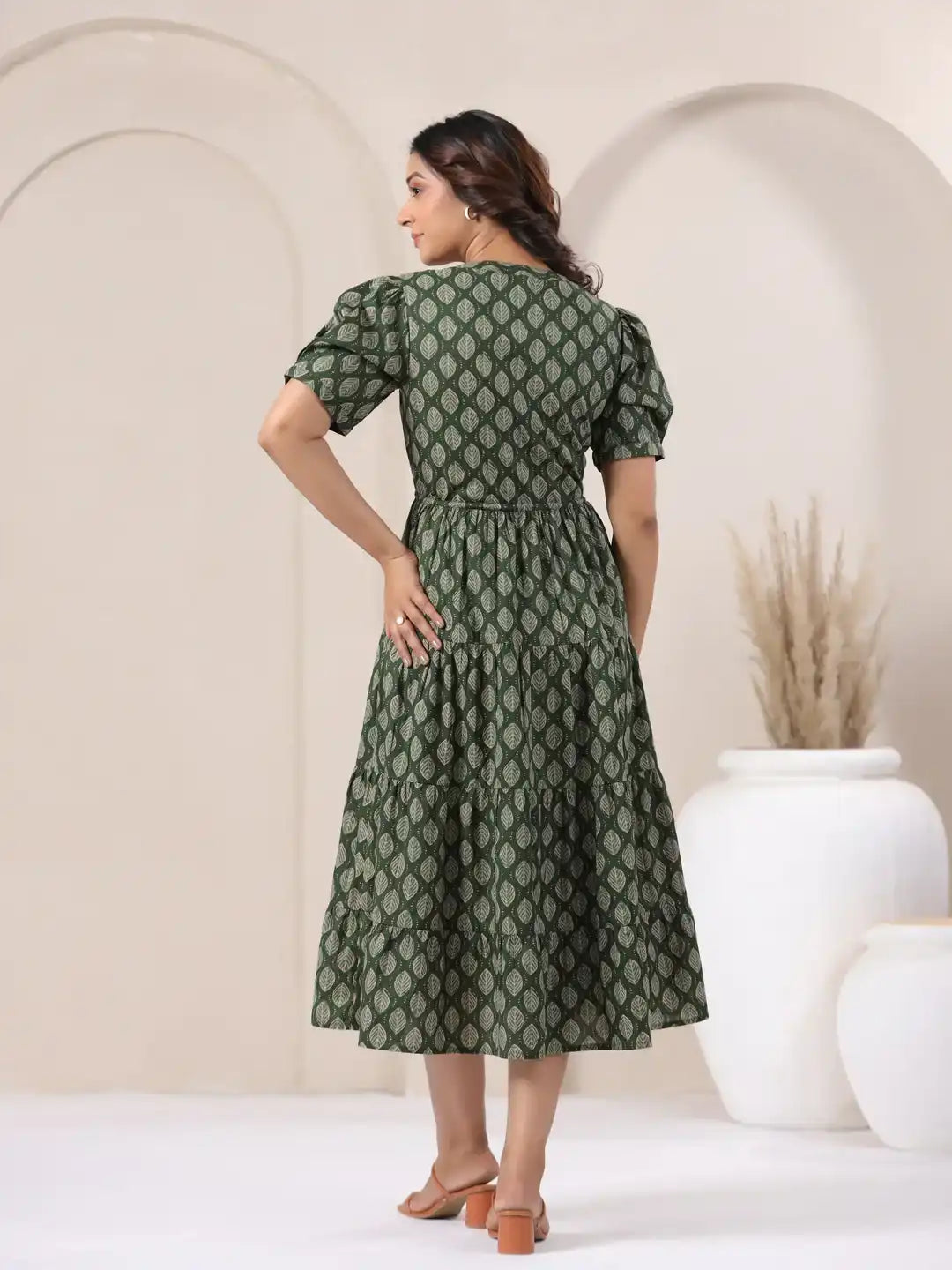 Green leaf-print cotton tiered dress for women, elegant daily wear with puff sleeves