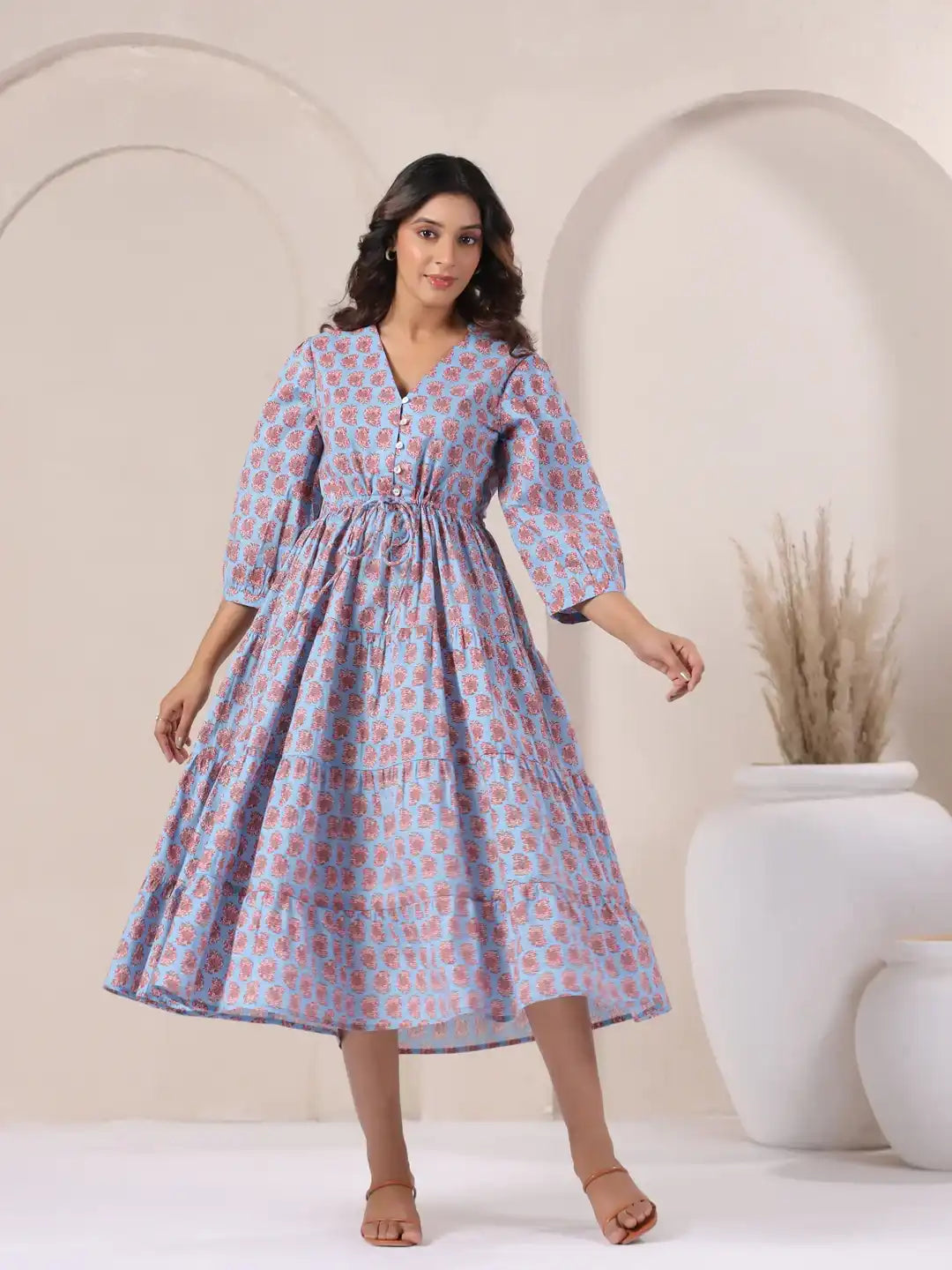 Blue cotton floral print kurta dress with tiered skirt, perfect for daily wear or celebrations