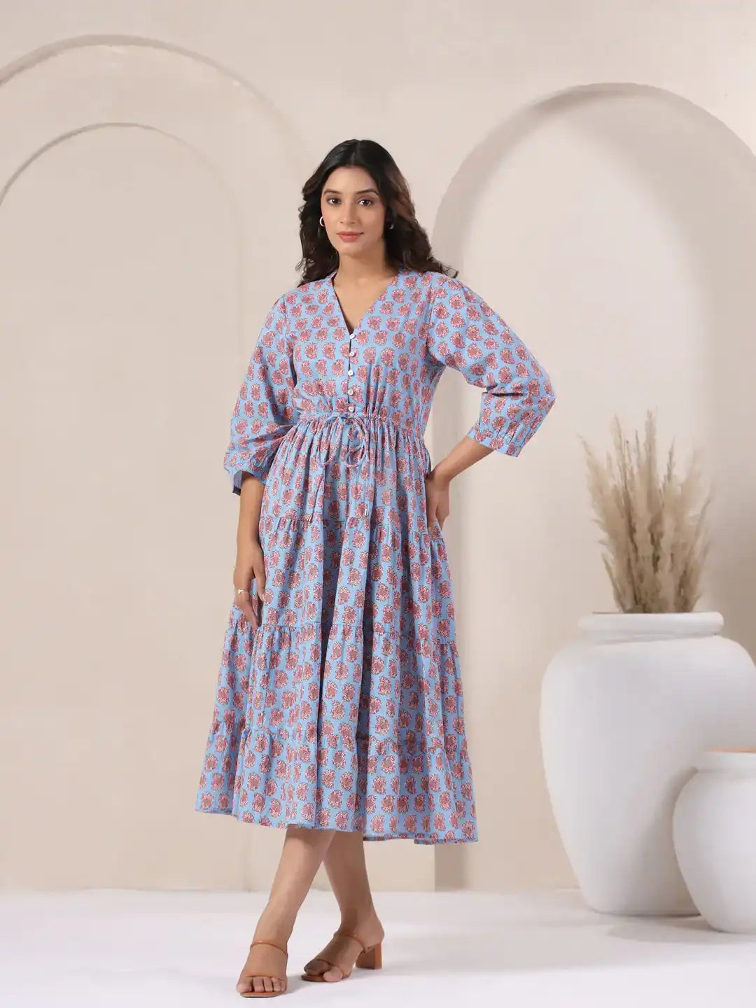 Blue floral print cotton kurta dress with tiered skirt, drawstring waist, and 3/4 sleeves for women