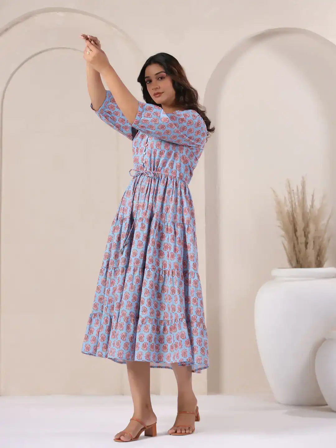 Blue floral cotton dress with tiered skirt for women, elegant and comfortable for daily wear