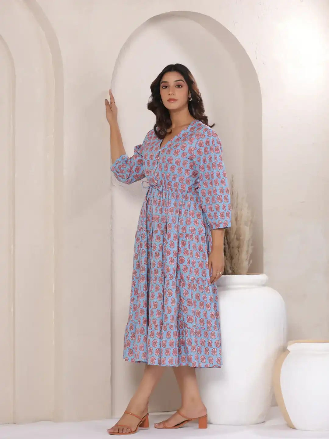 Blue cotton kurta dress with pink floral print, elegant daily wear for women