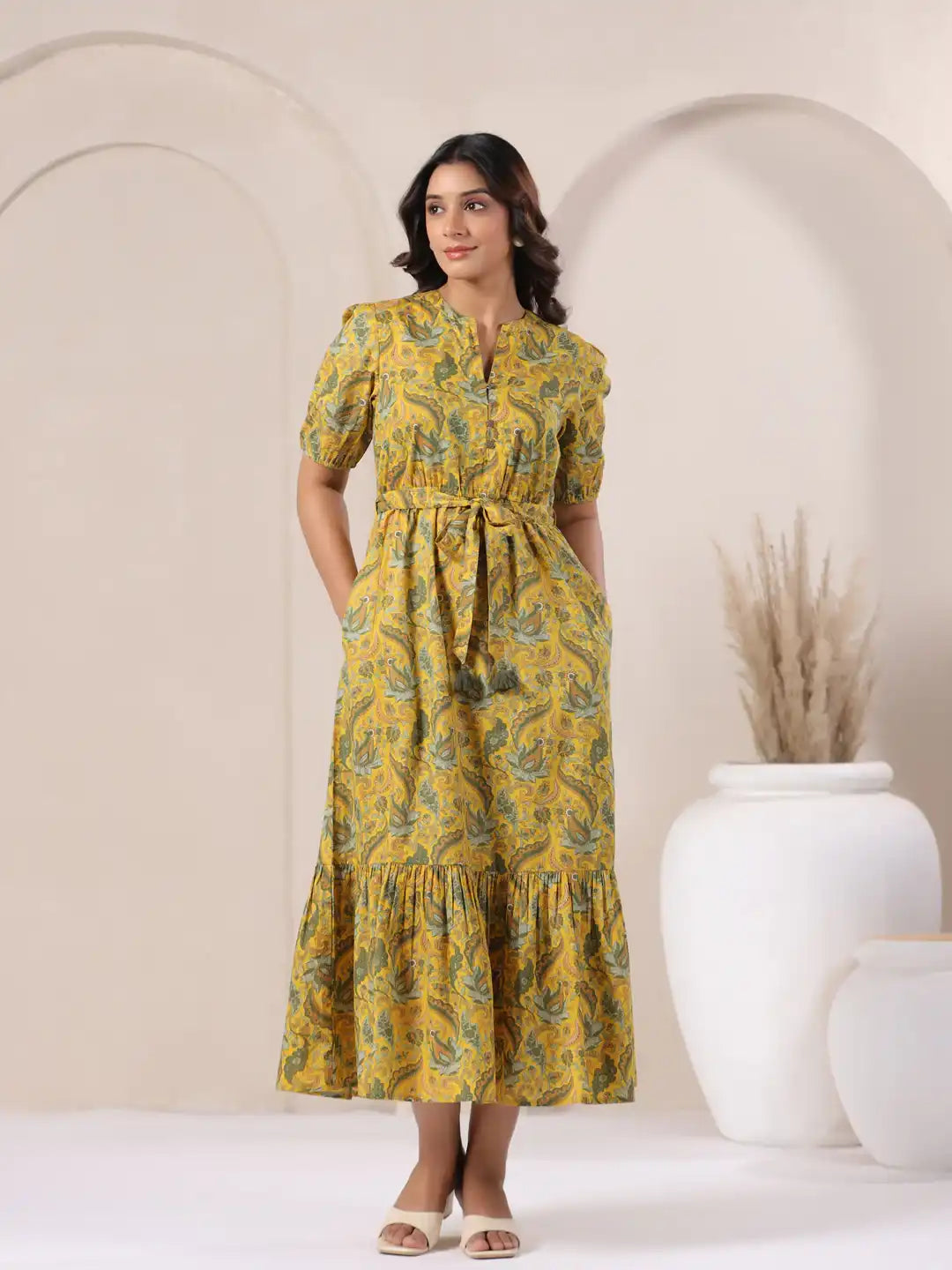 Yellow floral print cotton dress with puff sleeves and tiered skirt for women