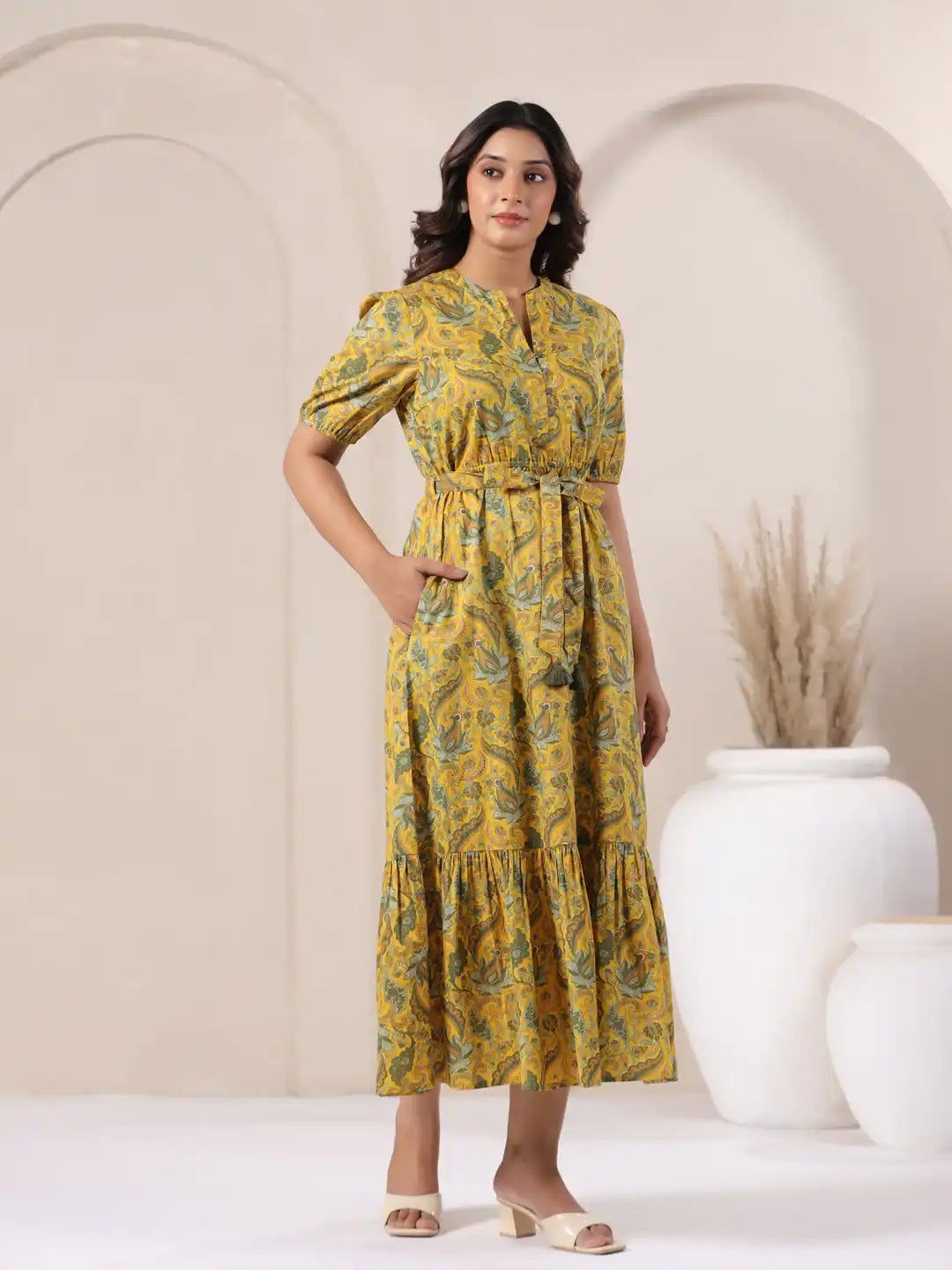 Yellow paisley print cotton kurta dress with tiered hem and tie waist for women