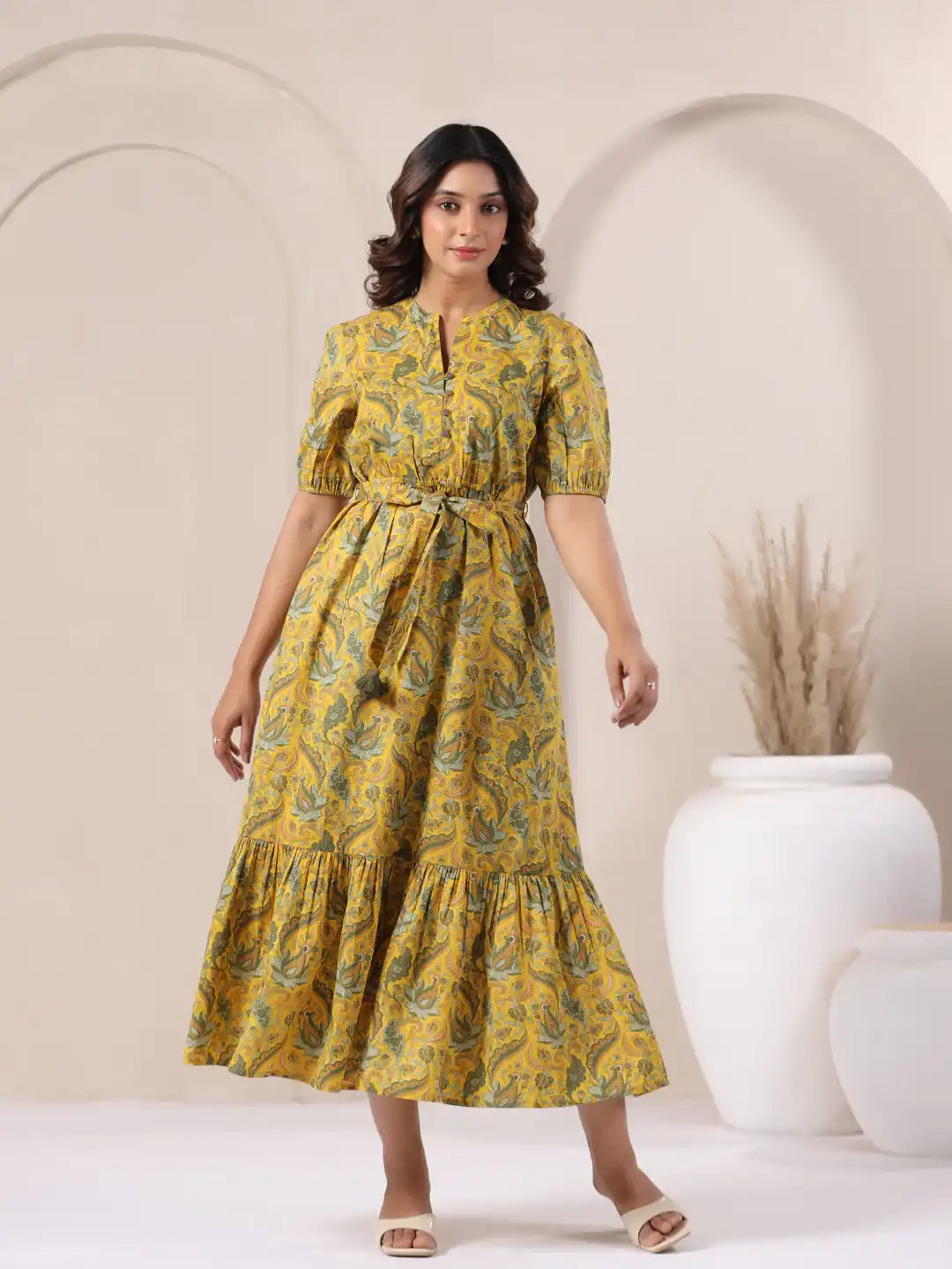 Yellow paisley print cotton kurta dress with tiered hem and puff sleeves for women
