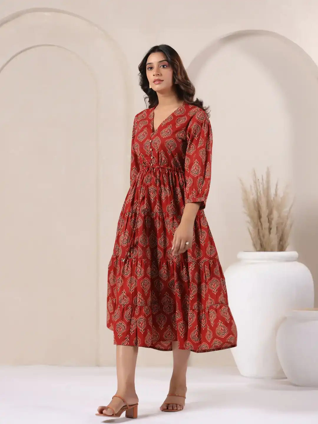 Red paisley print cotton kurta dress for women, elegant daily wear with tiered skirt and V-neck