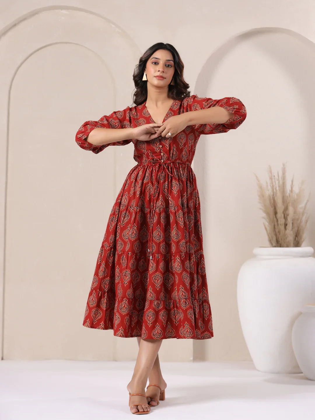 Red paisley print cotton kurta dress for women, elegant daily wear with V-neck and tiered skirt