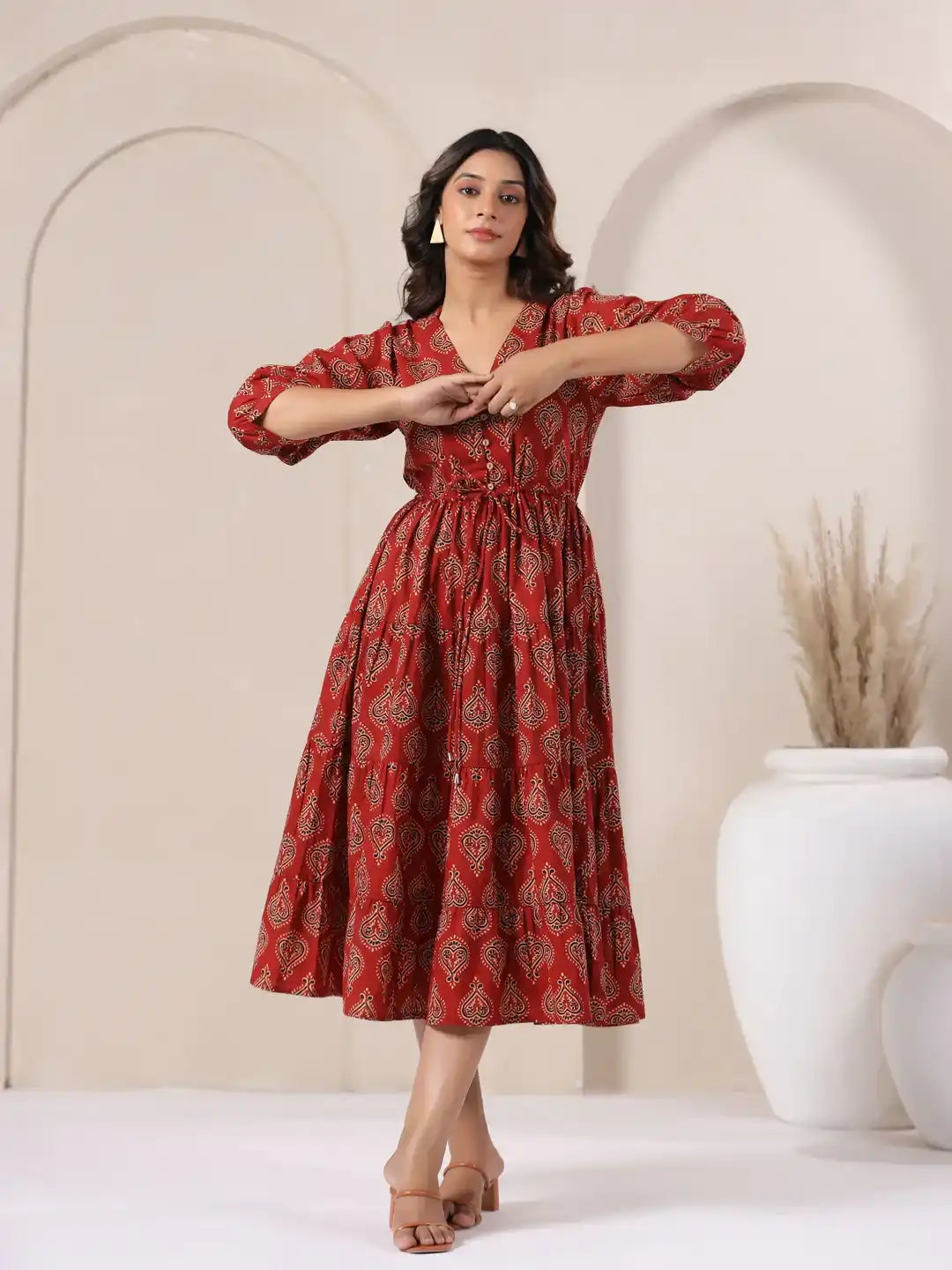 Red paisley print cotton kurta dress for women, elegant daily wear with V-neck and tiered skirt