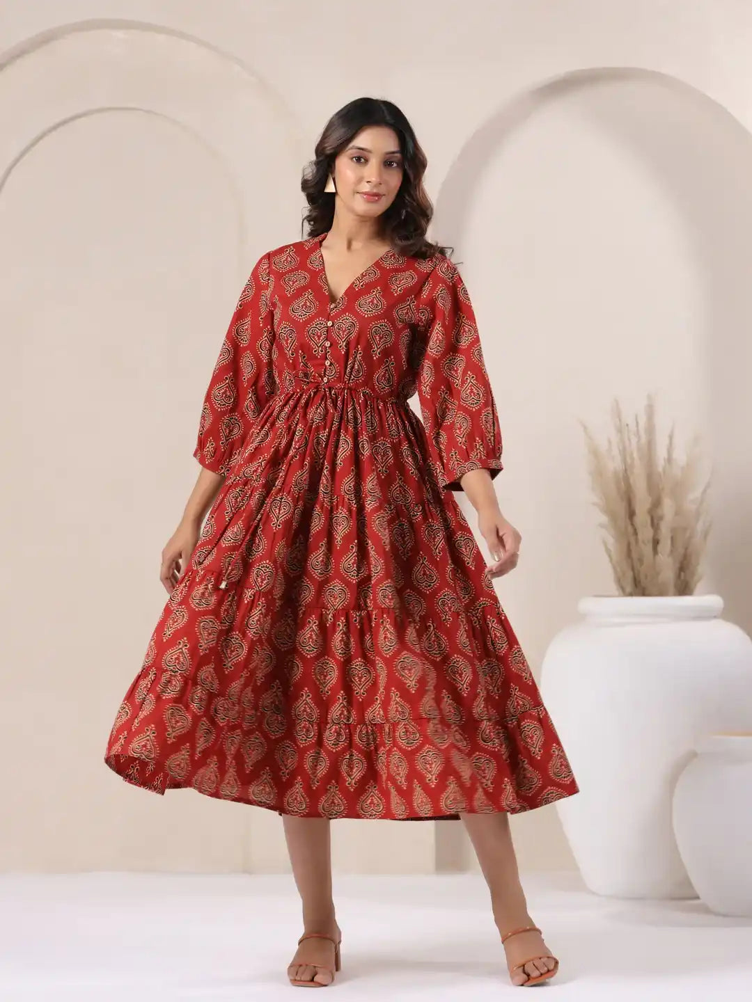 Red paisley print cotton kurta dress for women, elegant daily wear with tiered skirt and V-neck