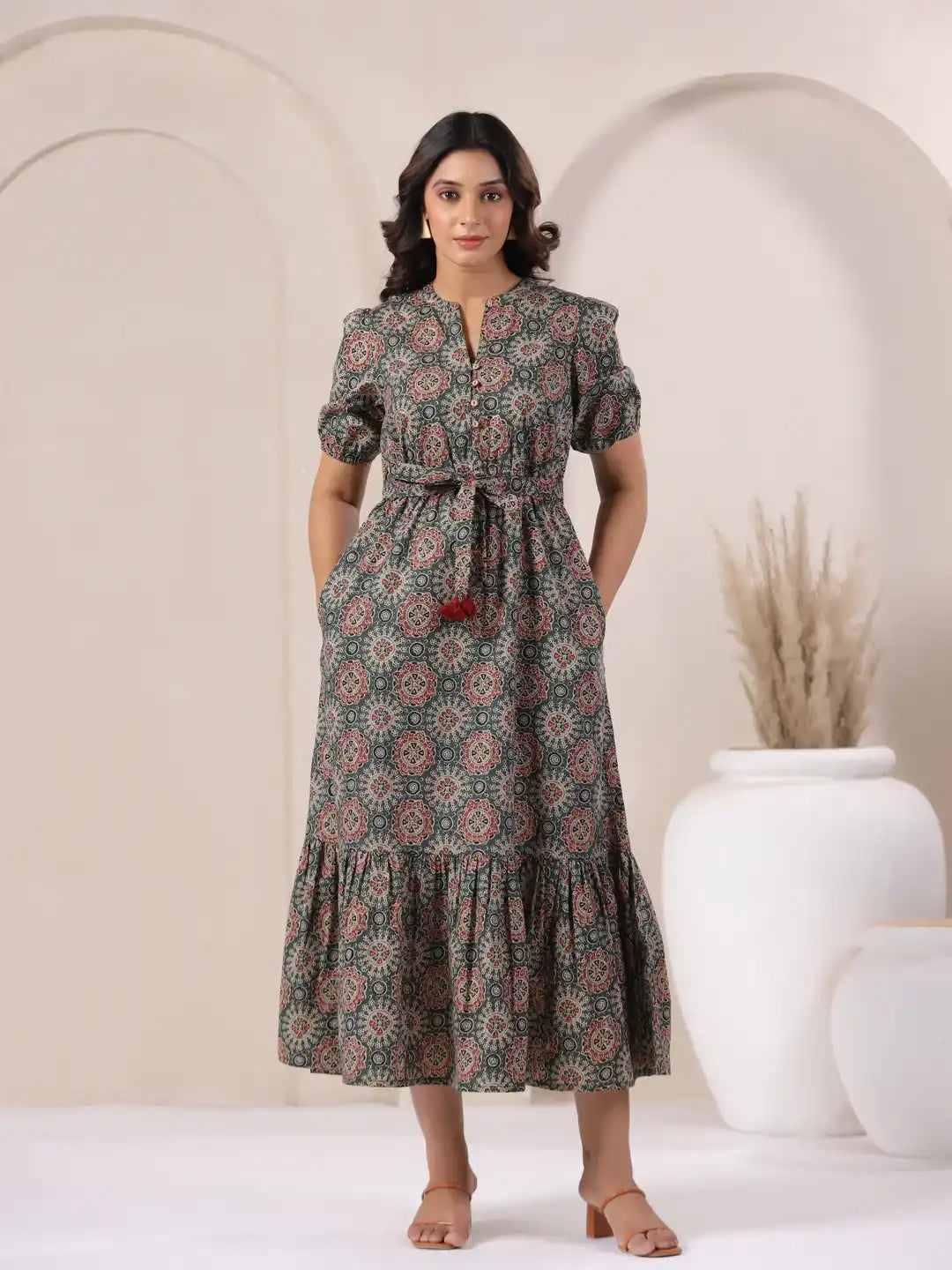Floral print cotton kurta dress with tiered hem and tie waist, perfect for daily wear or office