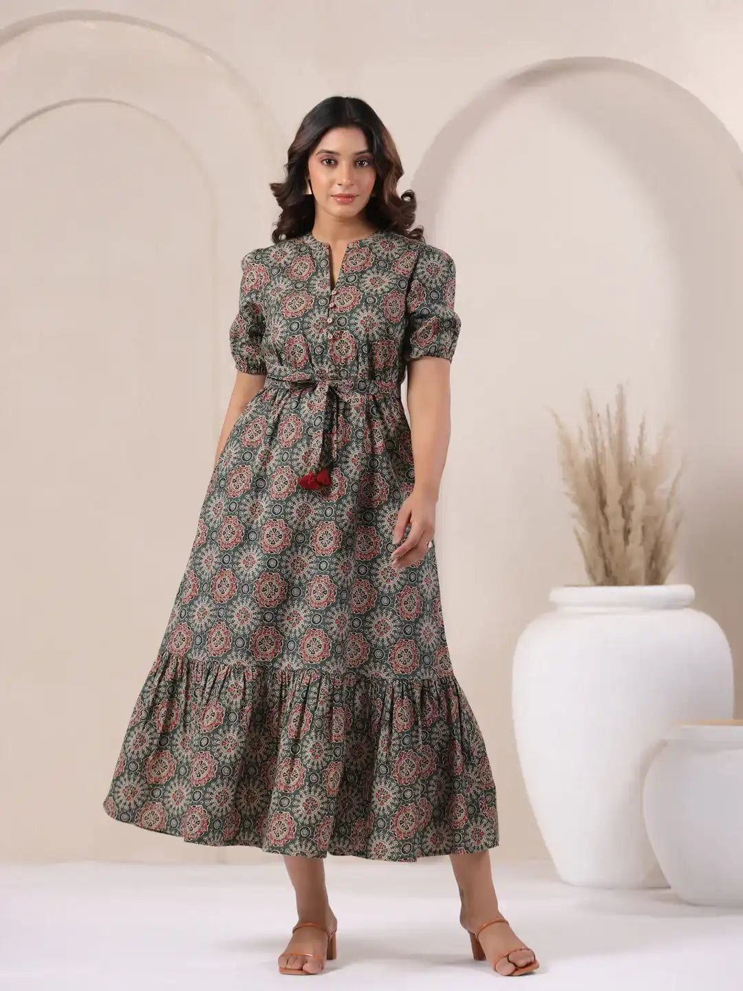 Green printed cotton midi dress with puff sleeves and tiered skirt for women