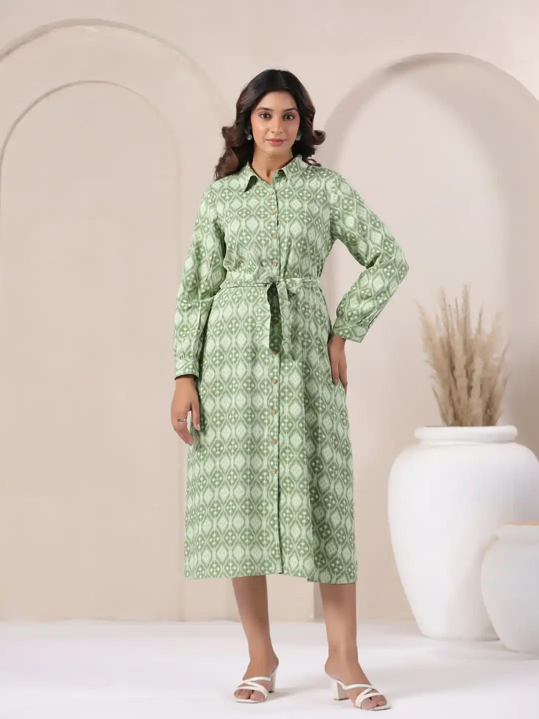 Green patterned cotton kurta dress with belt, elegant women's wear for office or casual occasions