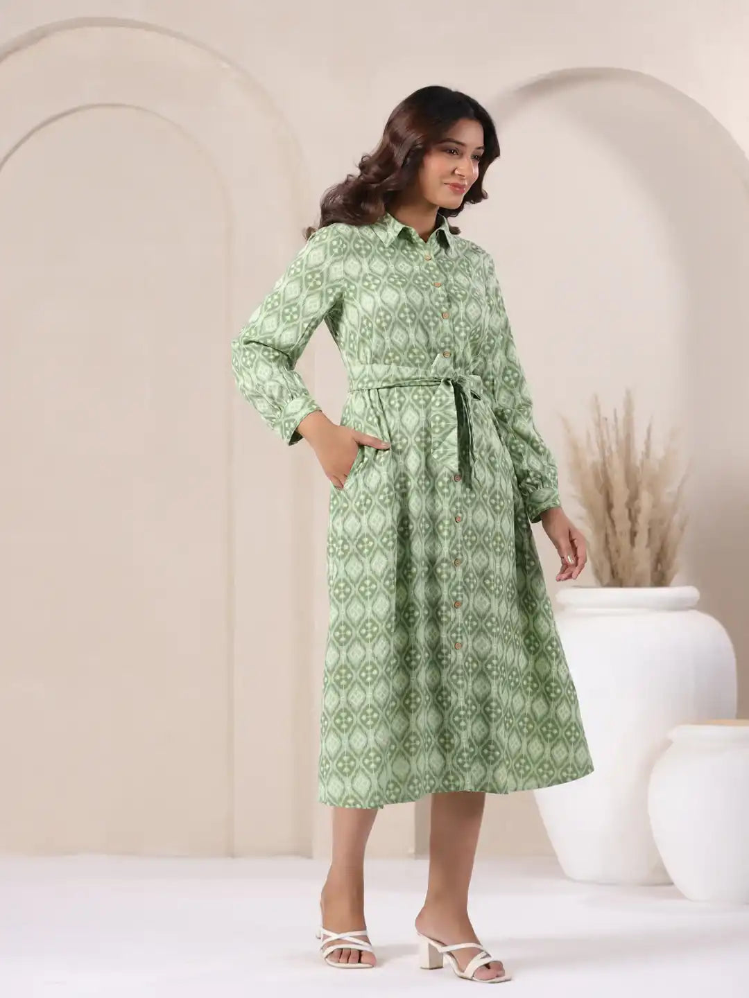 Green printed cotton kurta dress with tie waist, perfect for daily wear or office