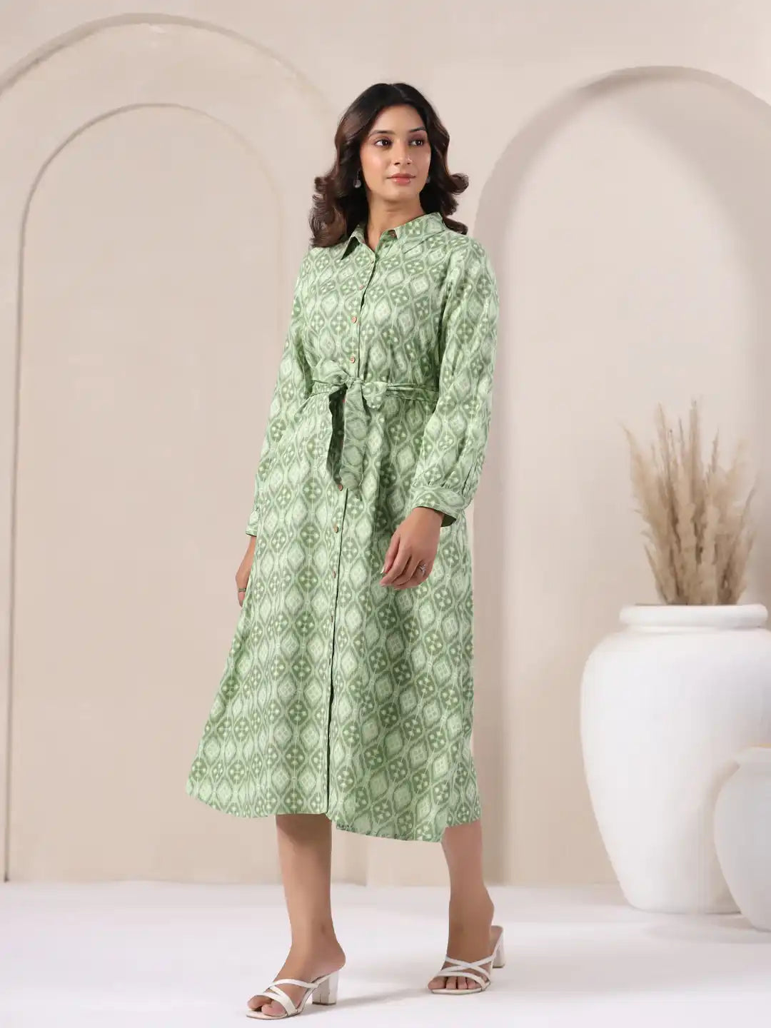 Green printed cotton kurta dress with tie waist, elegant daily wear for women