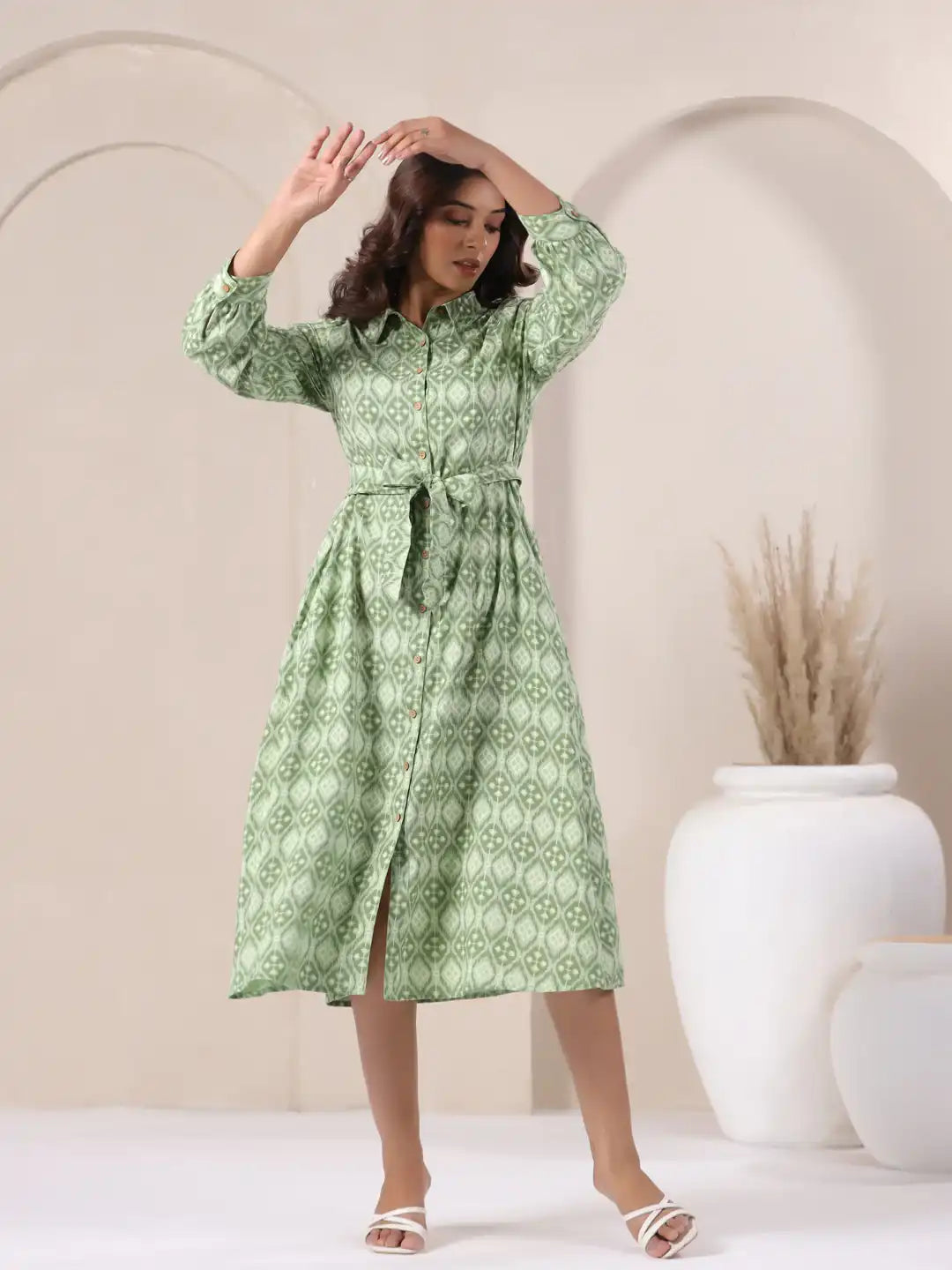 Green patterned cotton kurta dress with tie waist, perfect for daily wear or office