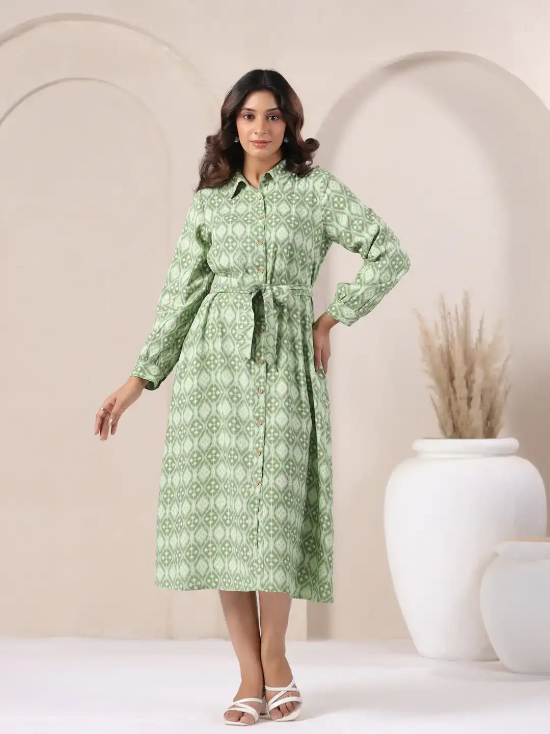Green patterned cotton kurta dress with tie waist, ideal for daily wear or office