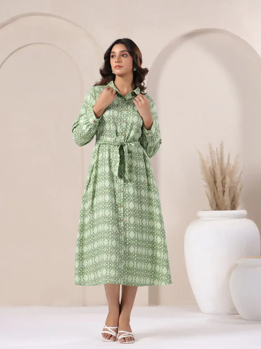 Green printed cotton kurta dress with tie waist, ideal for daily wear or office