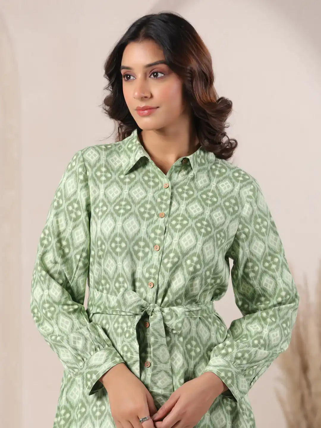 Green printed cotton kurta with tie waist, elegant daily wear for women