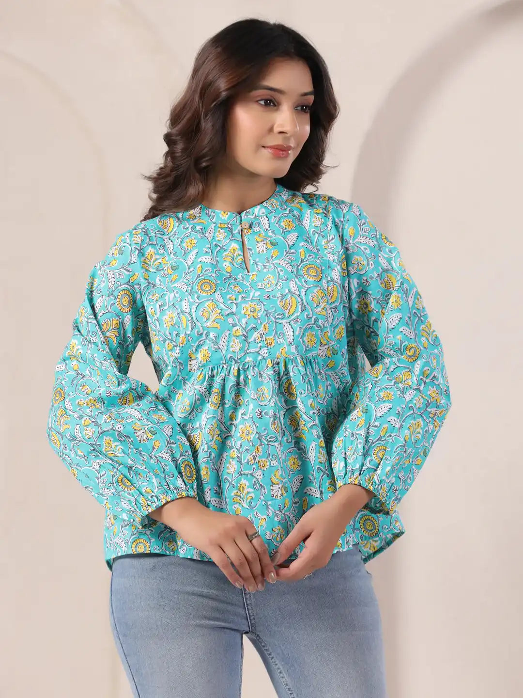 Turquoise floral print cotton kurta with puff sleeves for women, stylish daily wear top
