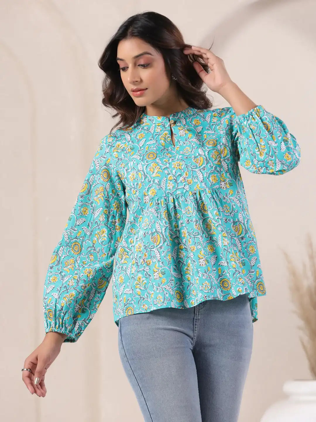 Turquoise floral print kurta with puff sleeves for women