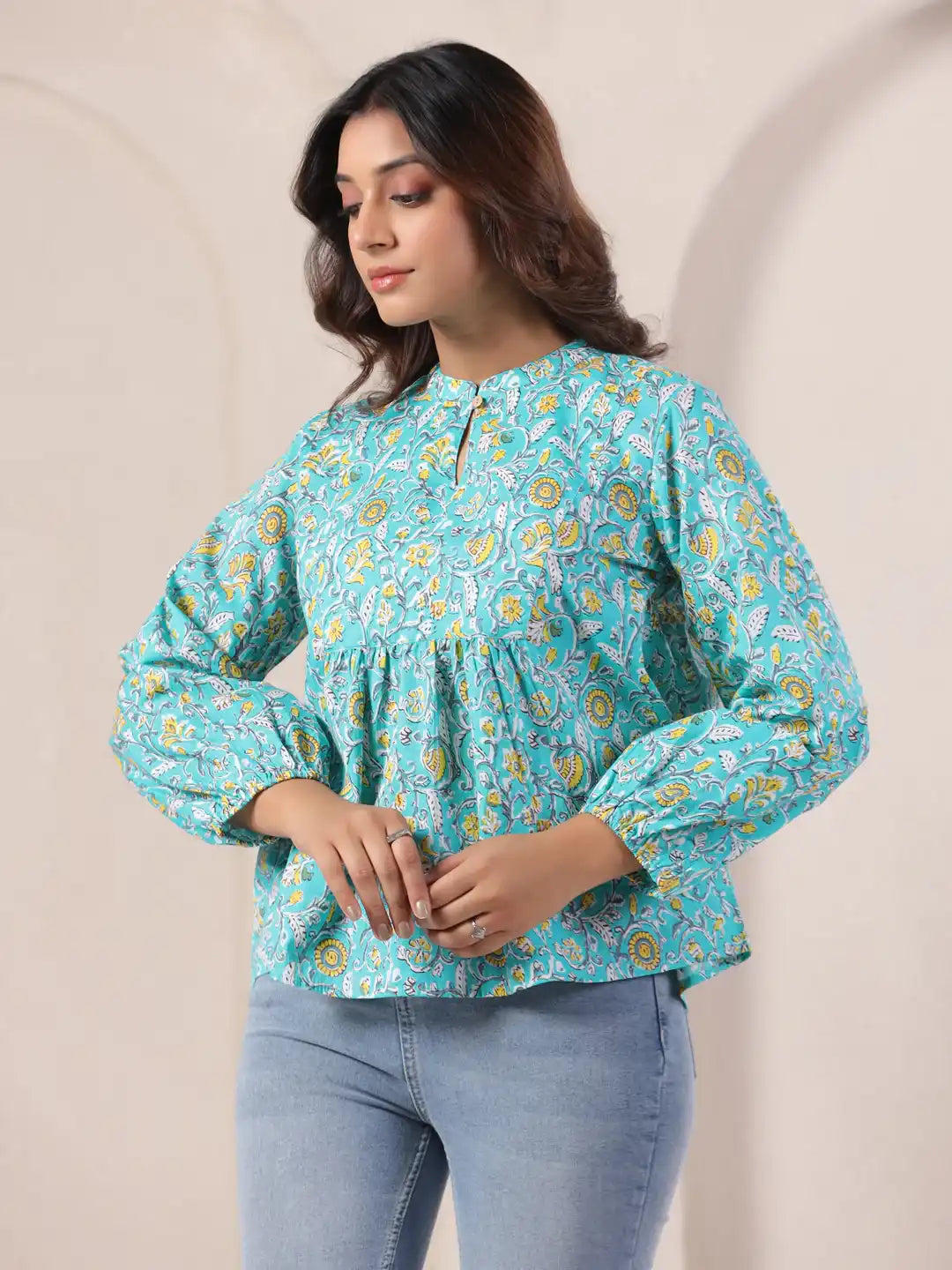 Turquoise floral print cotton kurta with puff sleeves for women