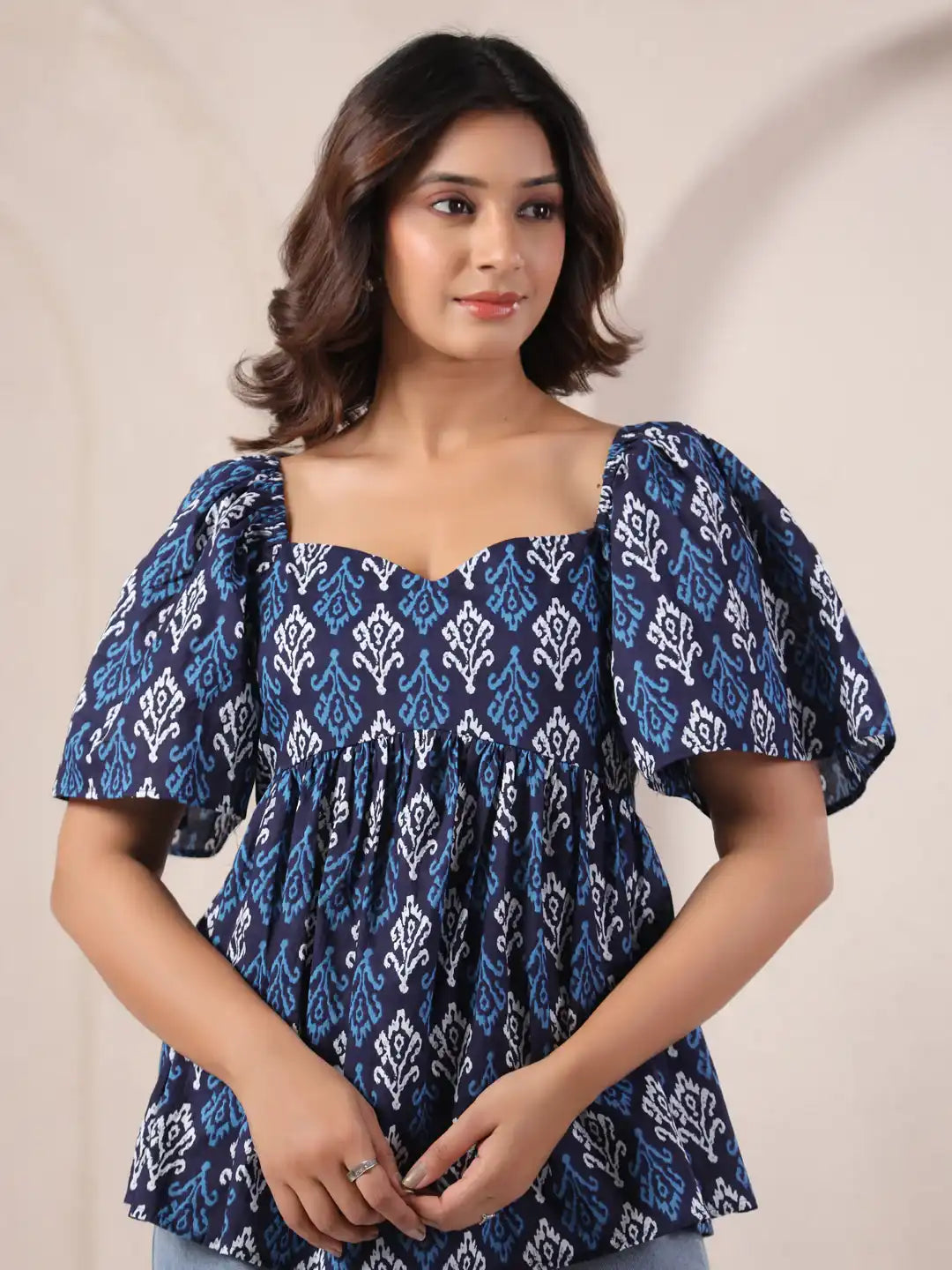 Blue and white patterned cotton kurta with puff sleeves for women