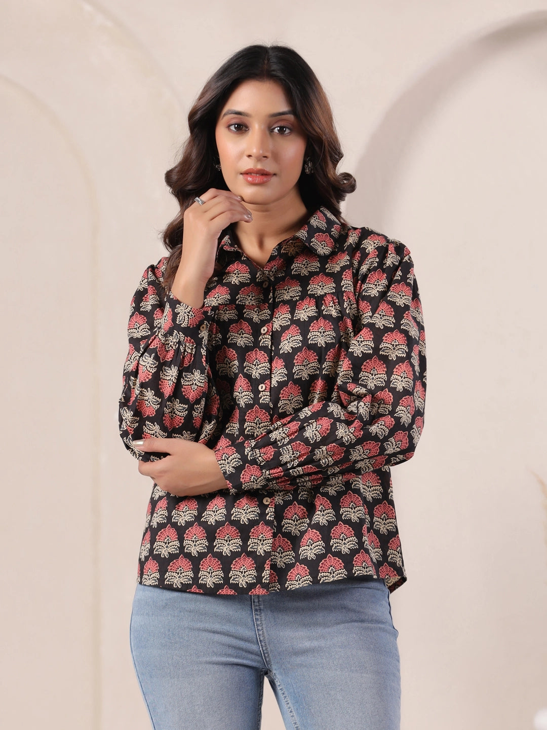 Black Ajrakh Floral Block Print Cotton Shirt with Balloon Sleeves