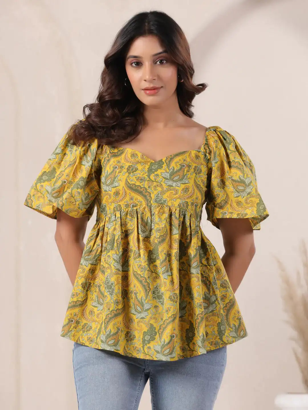 Yellow paisley print cotton top with puff sleeves, perfect for daily wear or office