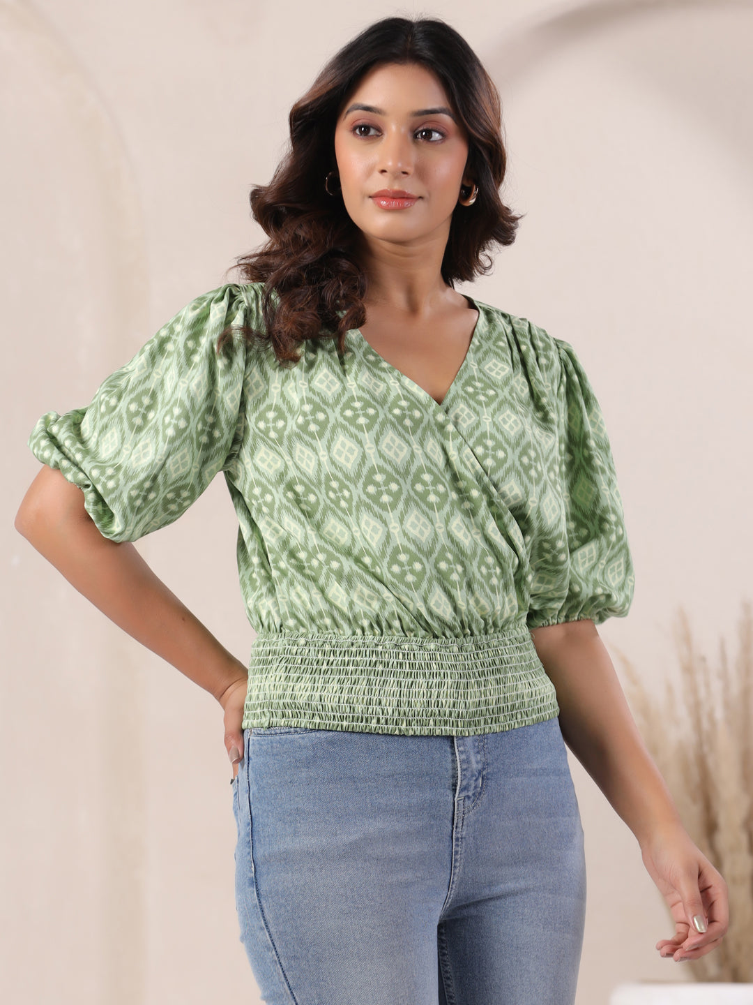 Pista Green Ikat Smocked Wrap Top