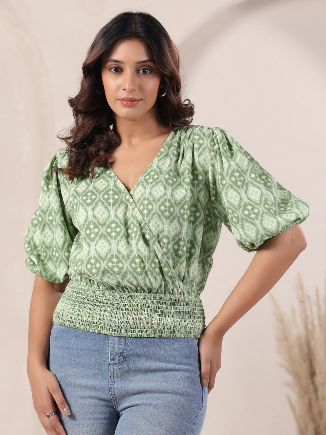 Pista Green Ikat Smocked Wrap Top
