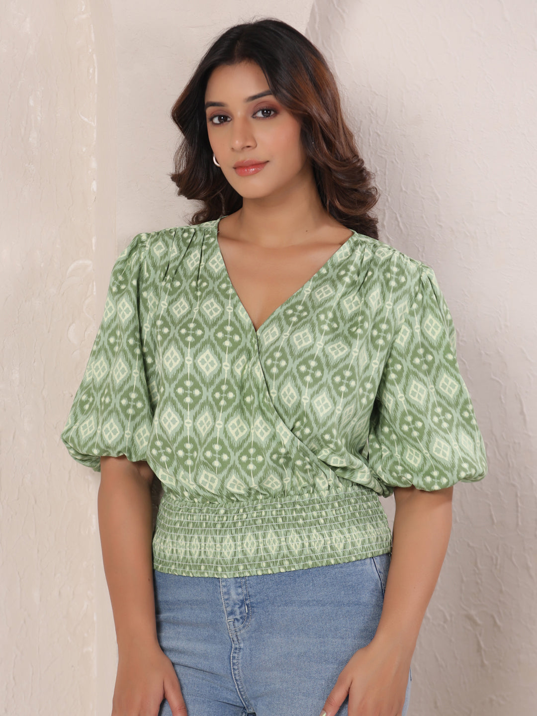 Pista Green Ikat Smocked Wrap Top