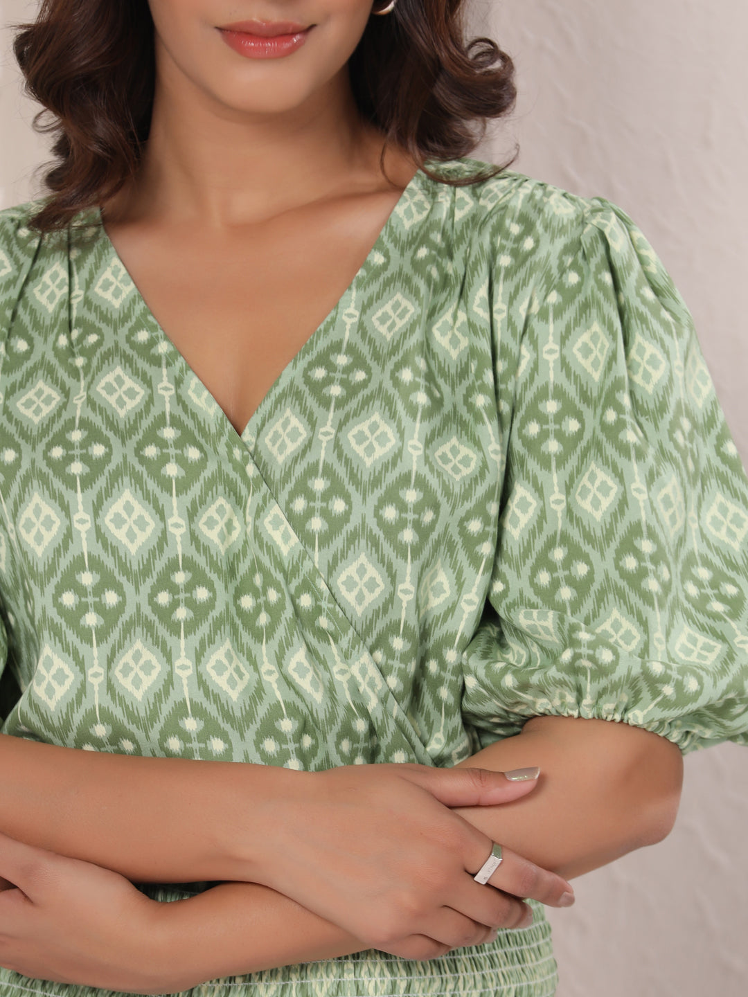 Pista Green Ikat Smocked Wrap Top
