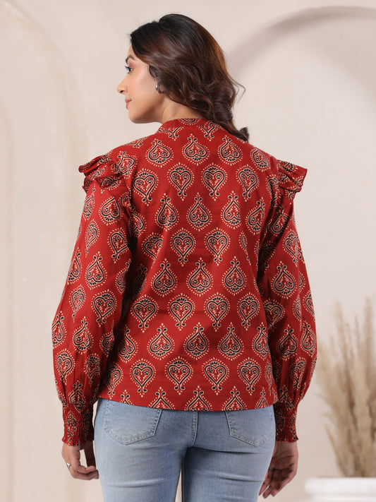 Red Ajrakh Buta Print Cotton Top for Women | Mandarin Collar Casual Ethnic Shirt | Vyomtara