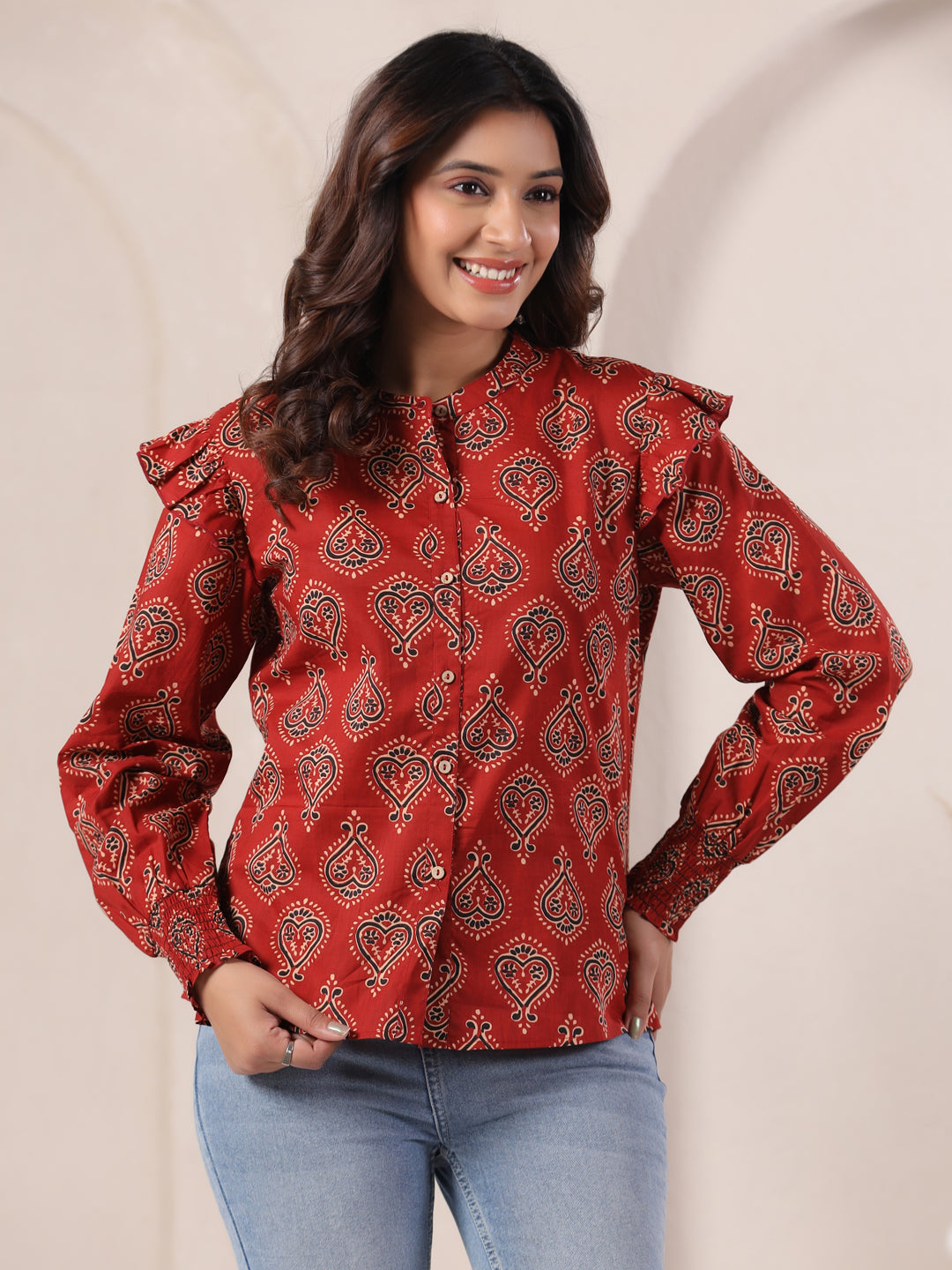 Red Ajrakh Buta Print Cotton Top for Women | Mandarin Collar Casual Ethnic Shirt | Vyomtara