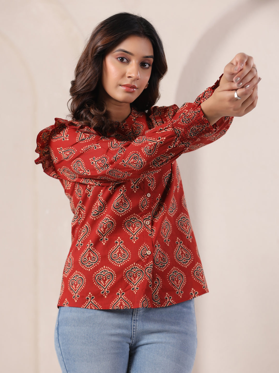 Red Ajrakh Buta Print Cotton Top for Women | Mandarin Collar Casual Ethnic Shirt | Vyomtara