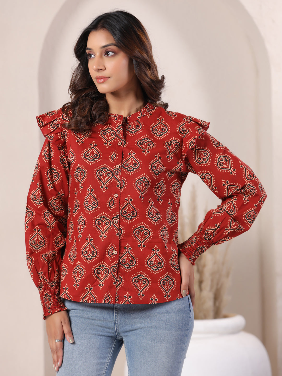 Red Ajrakh Buta Print Cotton Top for Women | Mandarin Collar Casual Ethnic Shirt | Vyomtara
