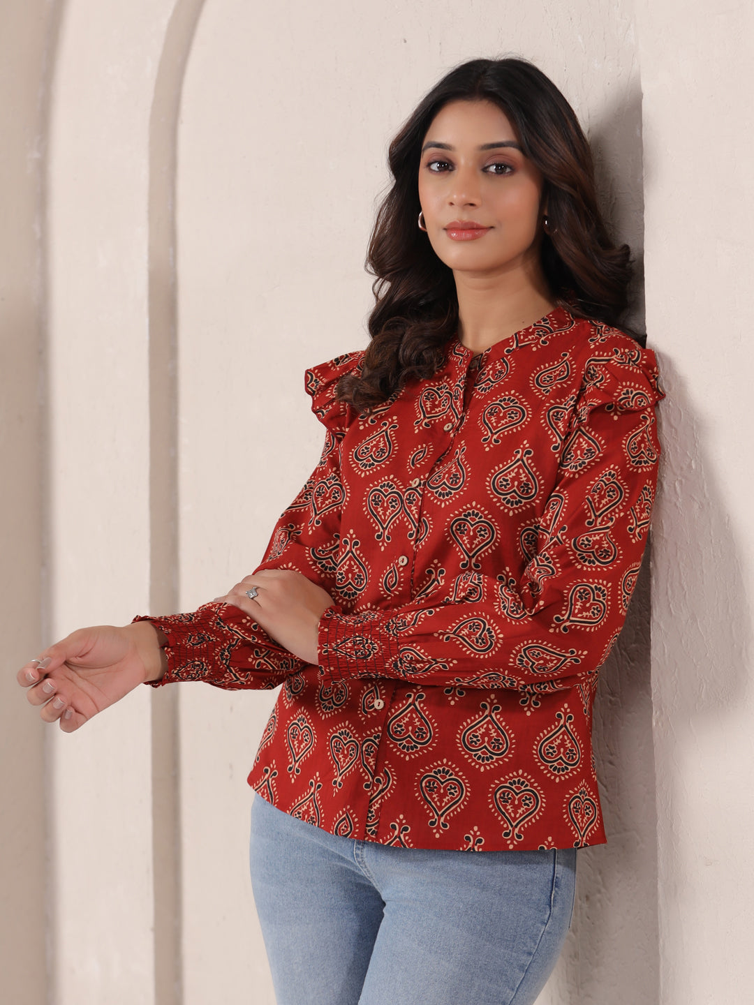 Red Ajrakh Buta Print Cotton Top for Women | Mandarin Collar Casual Ethnic Shirt | Vyomtara