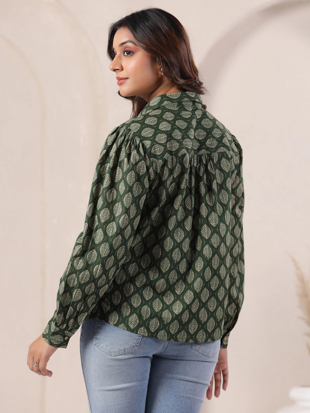 Olive Green Leaf Block Print Cotton Shirt with Balloon Sleeves