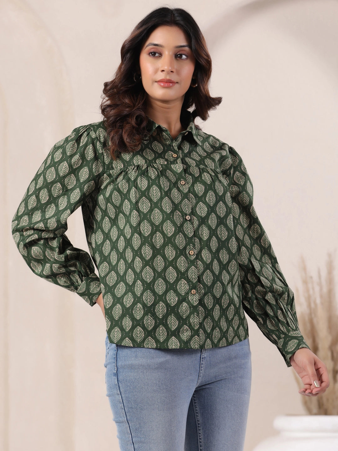 Olive Green Leaf Block Print Cotton Shirt with Balloon Sleeves