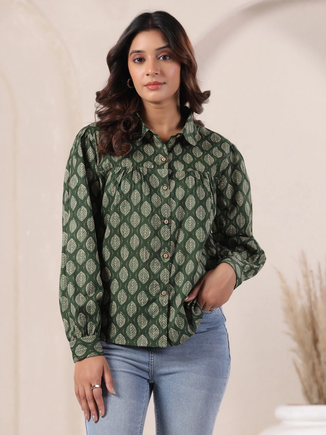 Olive Green Leaf Block Print Cotton Shirt with Balloon Sleeves