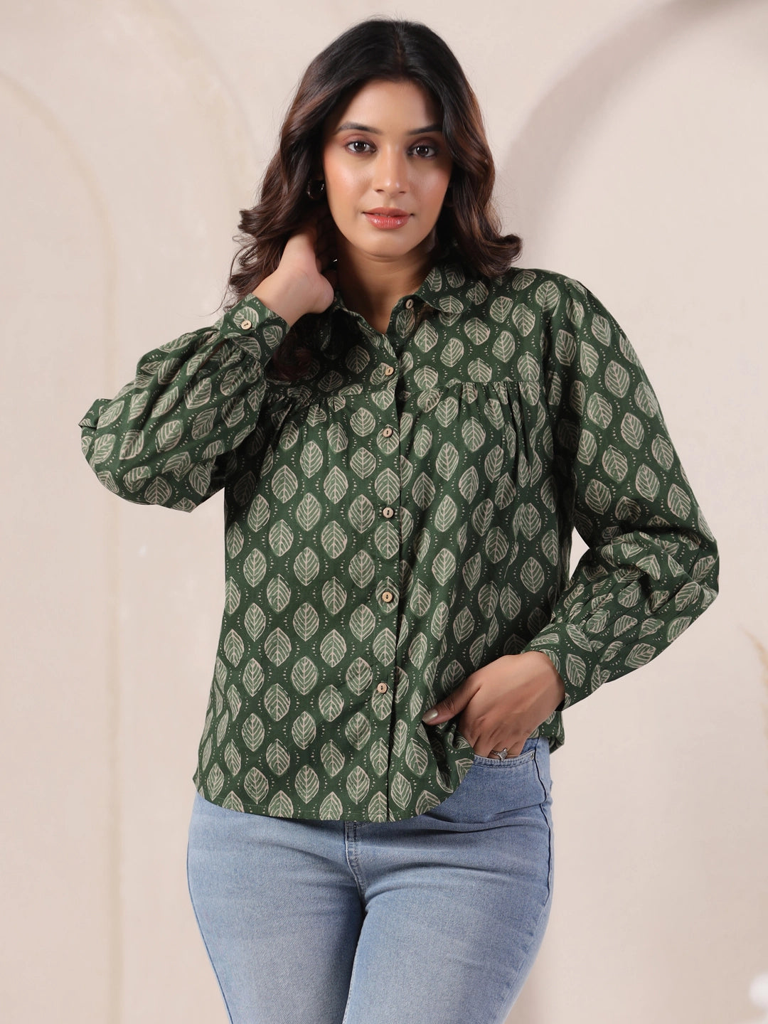Olive Green Leaf Block Print Cotton Shirt with Balloon Sleeves