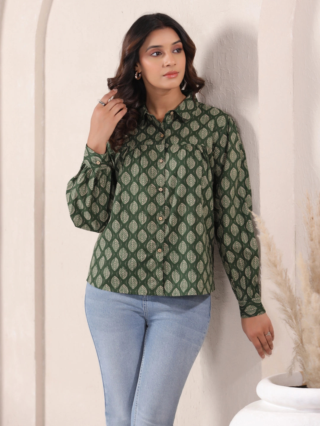 Olive Green Leaf Block Print Cotton Shirt with Balloon Sleeves
