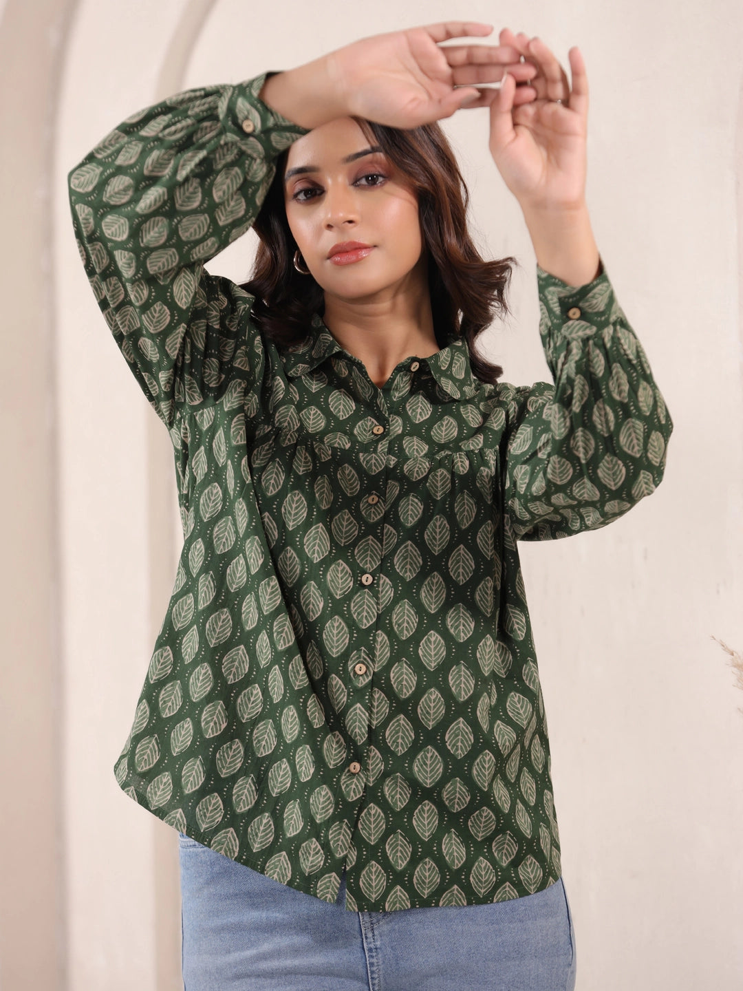 Olive Green Leaf Block Print Cotton Shirt with Balloon Sleeves
