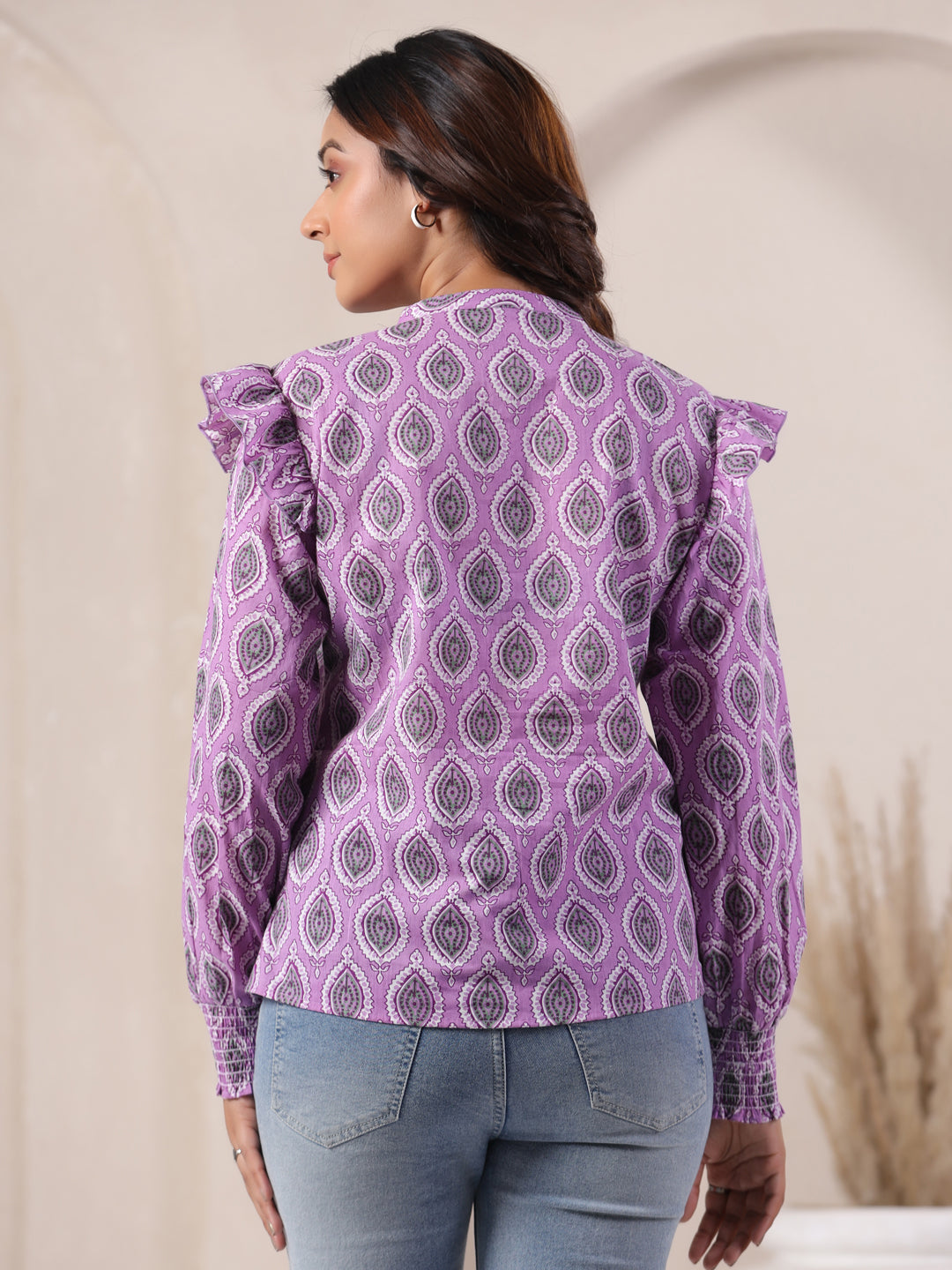 Lavender Buti Print Cotton Top for Women | Mandarin Collar Casual Ethnic Shirt | Vyomtara